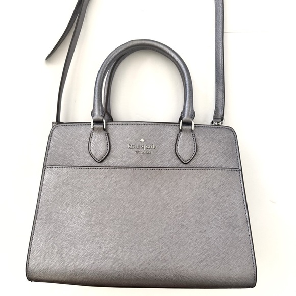 Kate Spade Madison Medium Metallic Gray Saffiano Pvc Satchel Purse Handbag - Picture 7 of 12